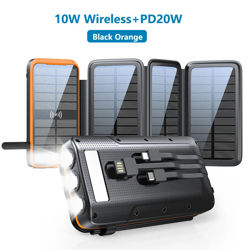 Waterproof Solar Power Bank 43800mAh Fast Wireless Charger for iPhone 15 14 Samsung Huawei Xiaomi PD 20W Fast
