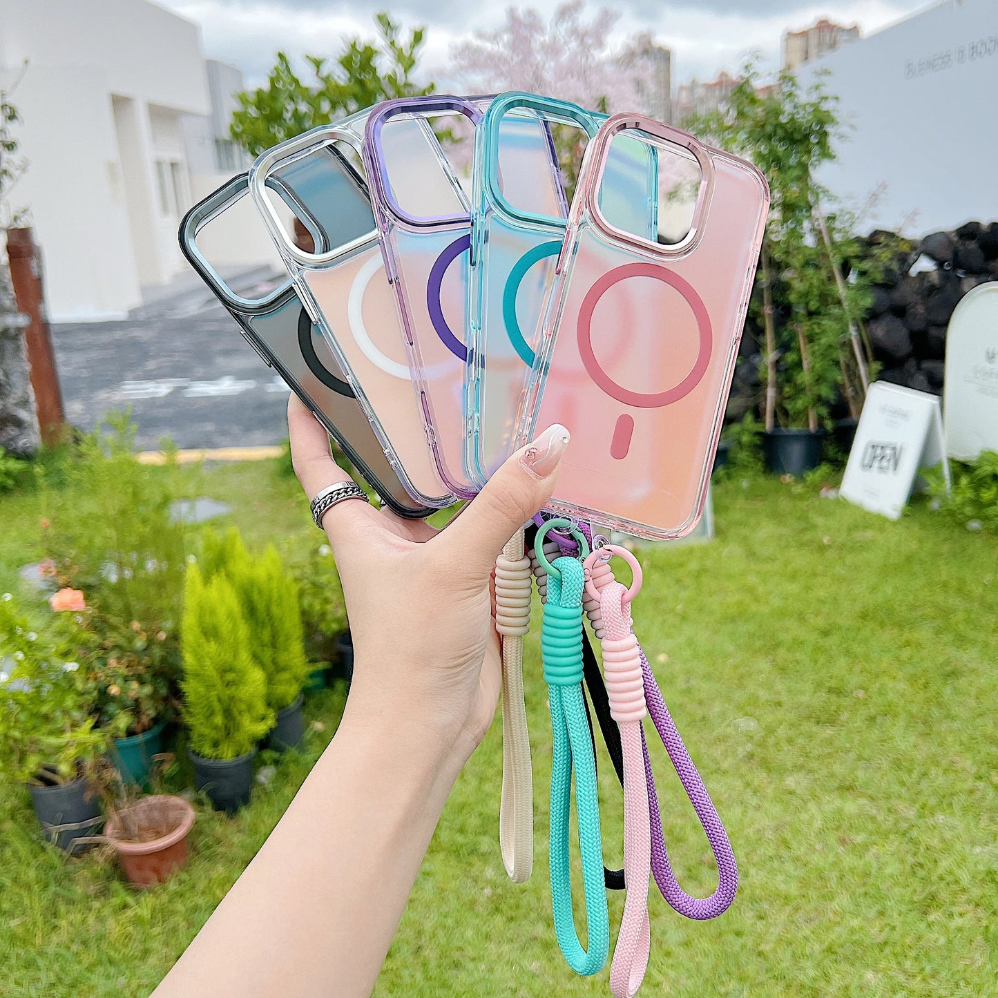 Fashion Laser Gradient Magnetic Lanyard Shockproof Case for iPhone 17 Air 16 15 14 13 11 12 Pro Max Plus E For Magsafe