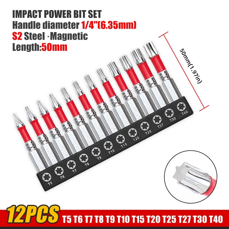 1/2 Inches T5-T40 Torx Screwdriver Bit Set,Impact Tough Magnetic S2 Alloy Steel Star Bit with Base