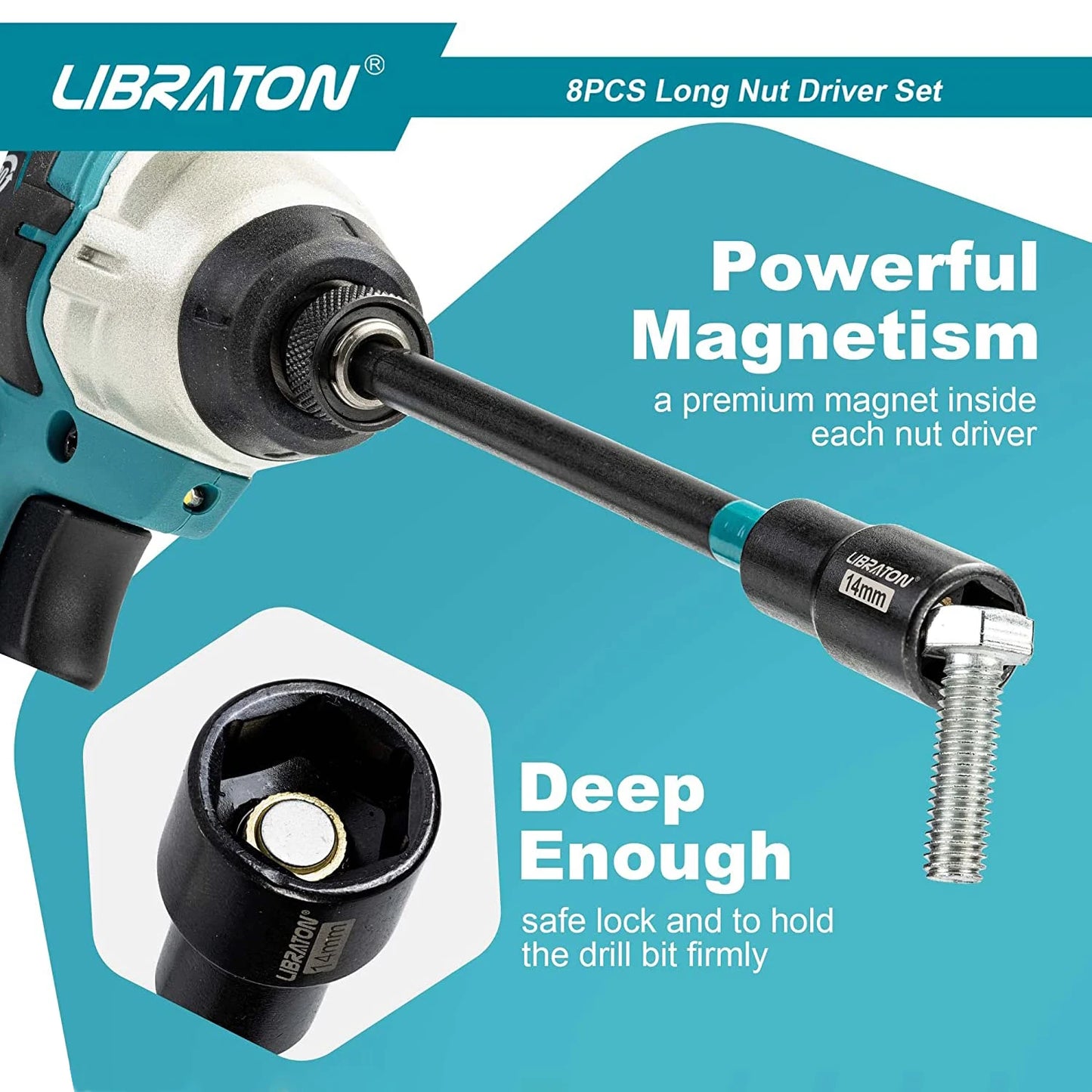 8PCS Magnetic Nut Driver Set,  6", Metric / SAE Nut Drivers, Shank Driver Bits, 1/4"Hex Shank, Long Bits