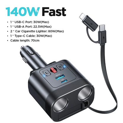 Joyroom 140W Retractable Car Charger 5 in 1 Fast Charging Car Charger Retractable Cable 2 USB Ports Car Charger Adapter JR-CCL03