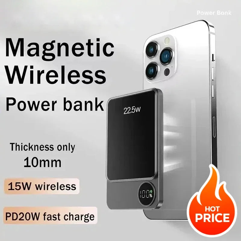 2025 New PD22.5W Super Fast Charging 10000 MAh Mini Ultra-thin Magnetic Wireless Power Bank Digital Display Mobile Power Supply