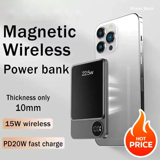 2025 New PD22.5W Super Fast Charging 10000 MAh Mini Ultra-thin Magnetic Wireless Power Bank Digital Display Mobile Power Supply