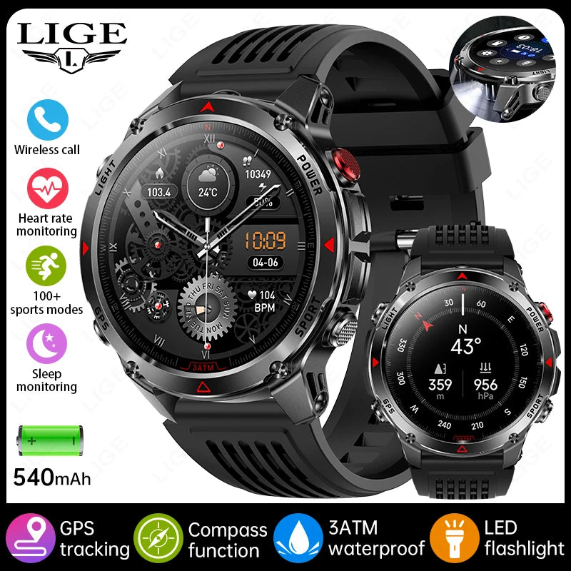 LIGE 2025 New Professional GPS Track Sports Smartwatch Outdoor RIDE Run Compass Altimeter 3ATM Fitness Bracelets 540mAh