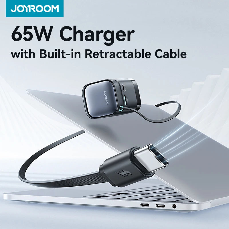 Joyroom 65W GaN USB Fast Charger With Retractable Type-c Cable for Phone Tablet Laptop Fast for iPhone Samsung Macbook