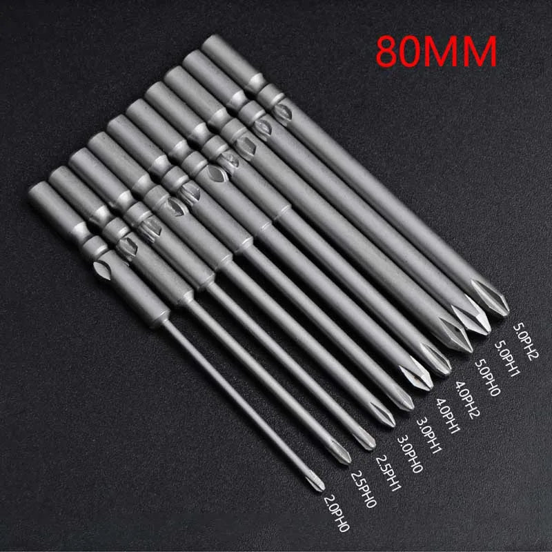 10pcs/lot 801 5mm Round Shank Magnetic Phillips Cross Screwdriver Bits Electric  bits PH0 PH1 PH2 80mm Full Length