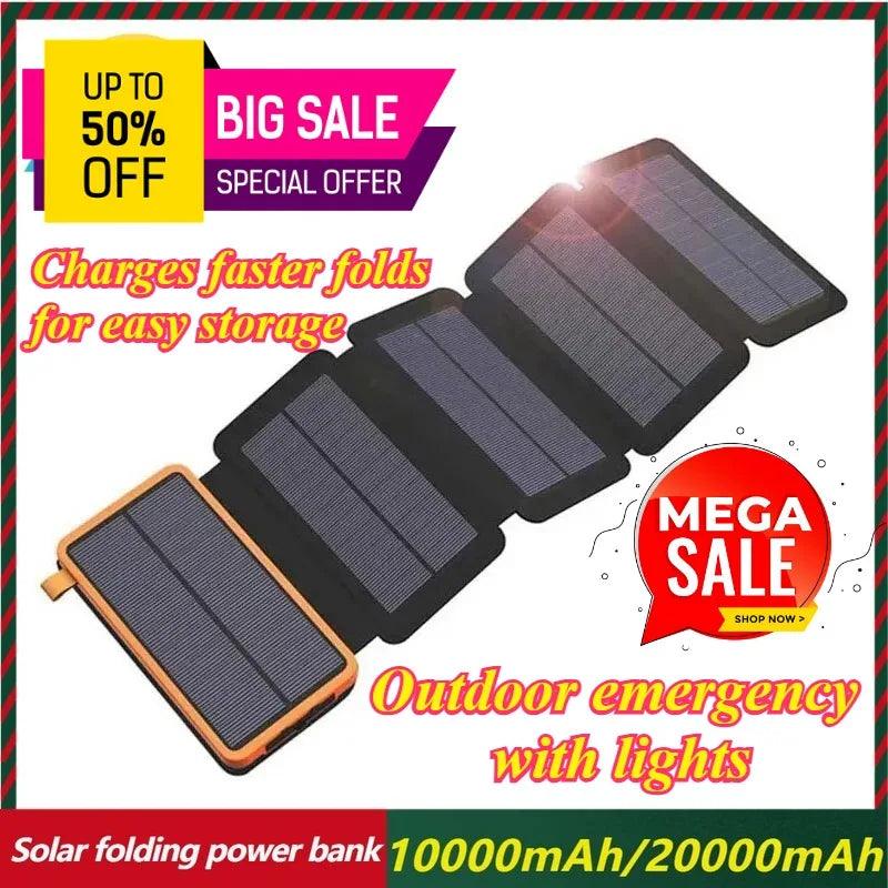 20000mAh Solar Power Bank External Battery Pack Folding Solar Panel Double USB Charger Phone for Smart Phone