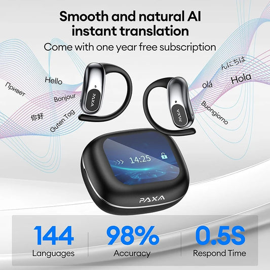 PAXA OpenAirUltra AI OWS Translation Earphones 100+ languages Stereo Touch Display Multi ENC Call AI Chat