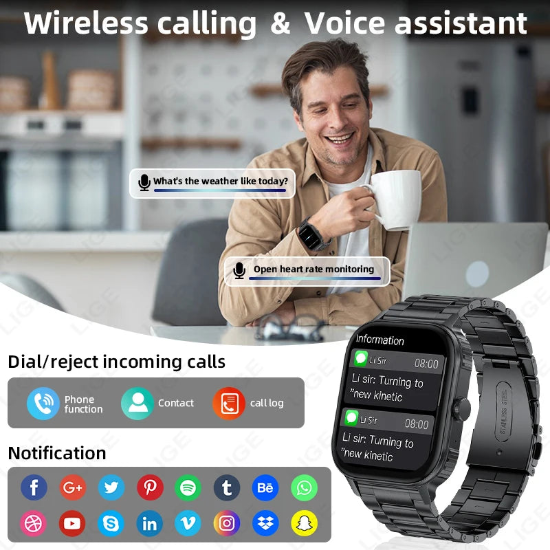 LIGE 2.04" HD Display 2025 New 1000mAh Large Battery Smart Watch Bluetooth Call Health Monitor IP68 Waterproof Sport