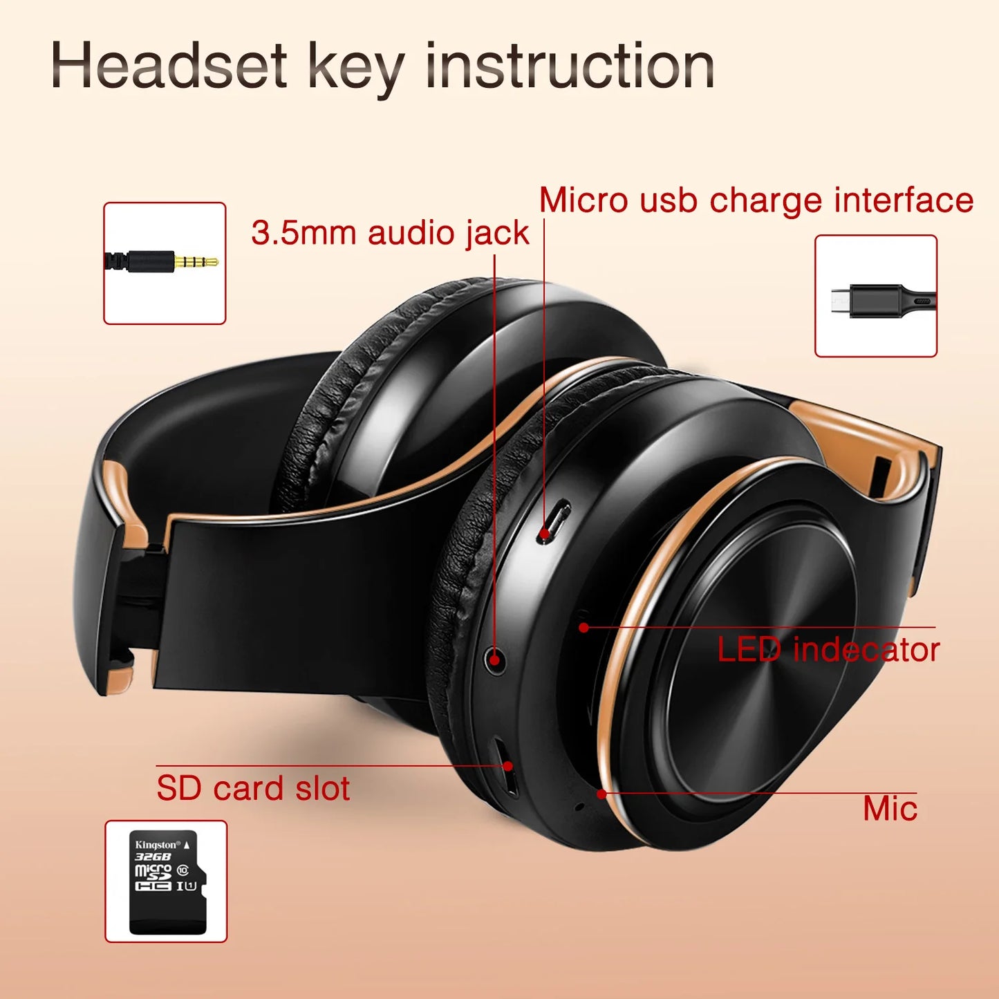 Men Gift Gold Wireless Headphones Bluetooth Stereo Game with Build-in MIC with Universal for Android and iOS