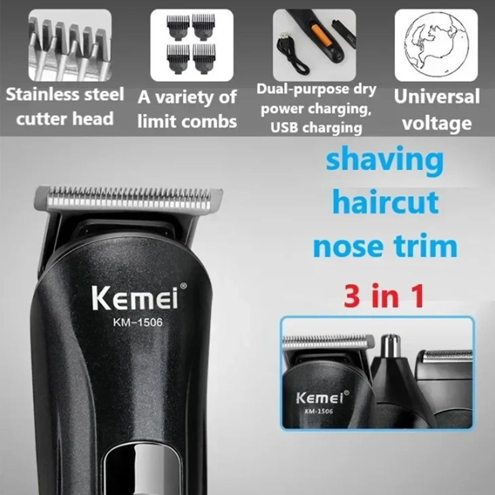 Kemei KM-1506 3-in-1 Electric Shaver – Rechargeable Hair & Nose Trimmer for Men