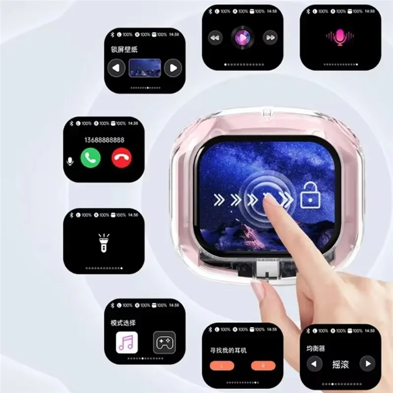 Wireless Bluetooth-Compatible Earphones Color LCD Screen Earbuds Stereo Earphones Black-[Y03A]