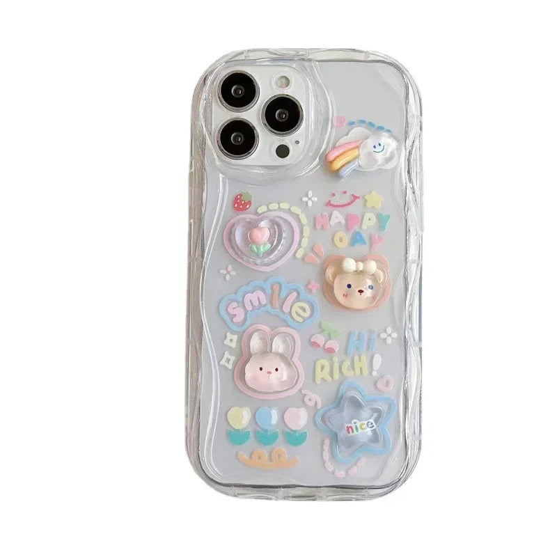 Korean 3D Bear Hang Phone Chain Lanyard Clear Soft Phone Case For iPhone 17 Air 16 15 14 Pro Max 11 13 12 Mini Plus Cute Cover