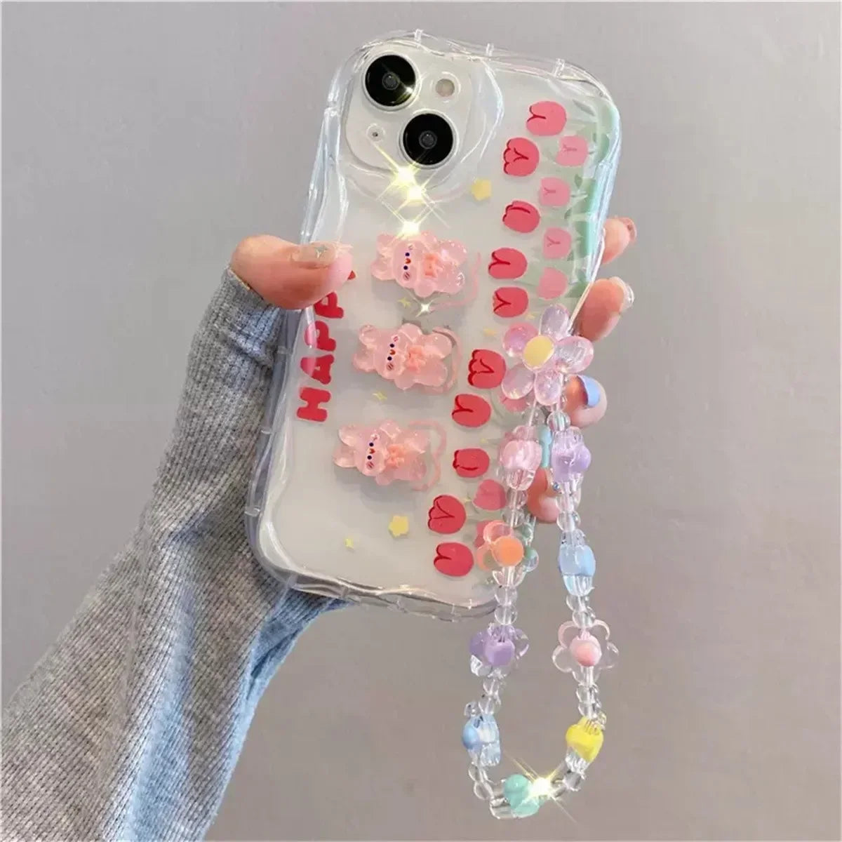 Korean 3D Bear Hang Phone Chain Lanyard Clear Soft Phone Case For iPhone 17 Air 16 15 14 Pro Max 11 13 12 Mini Plus Cute Cover