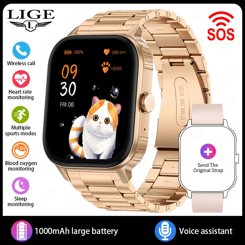 LIGE 2.04" HD Display 2025 New 1000mAh Large Battery Smart Watch Bluetooth Call Health Monitor IP68 Waterproof Sport