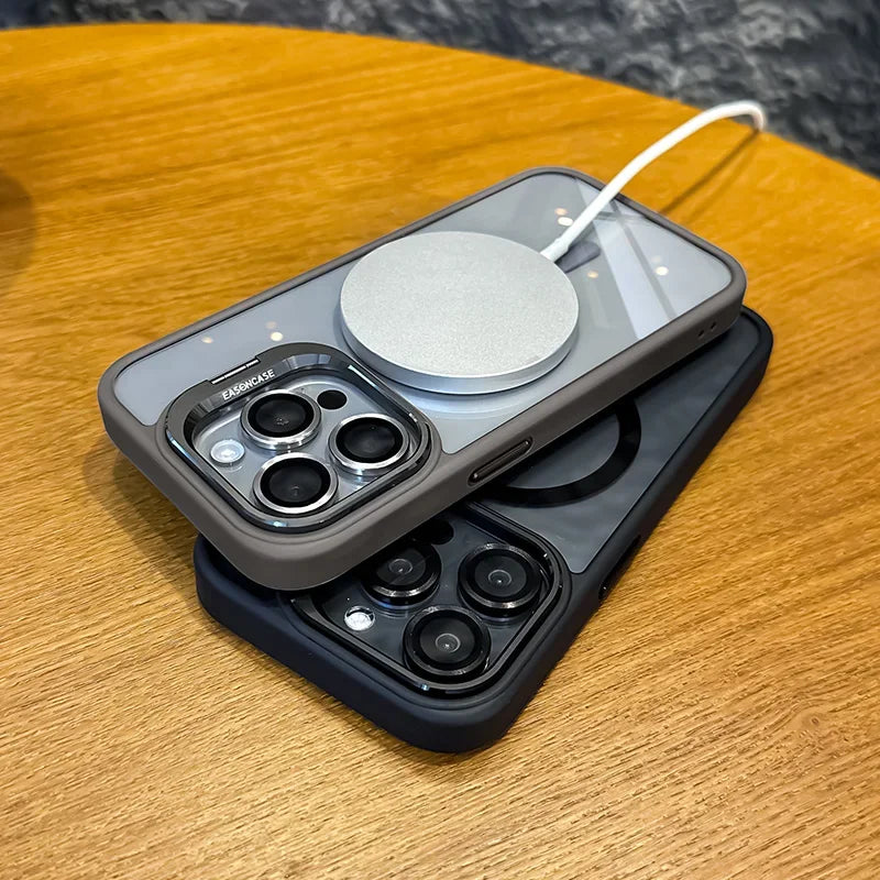 Luxury Magnetic Shockproof Phone Case For iPhone 15 14 13 12 11 16 17 Pro Max Plus 16E Funda Stand Glass Lens Protection