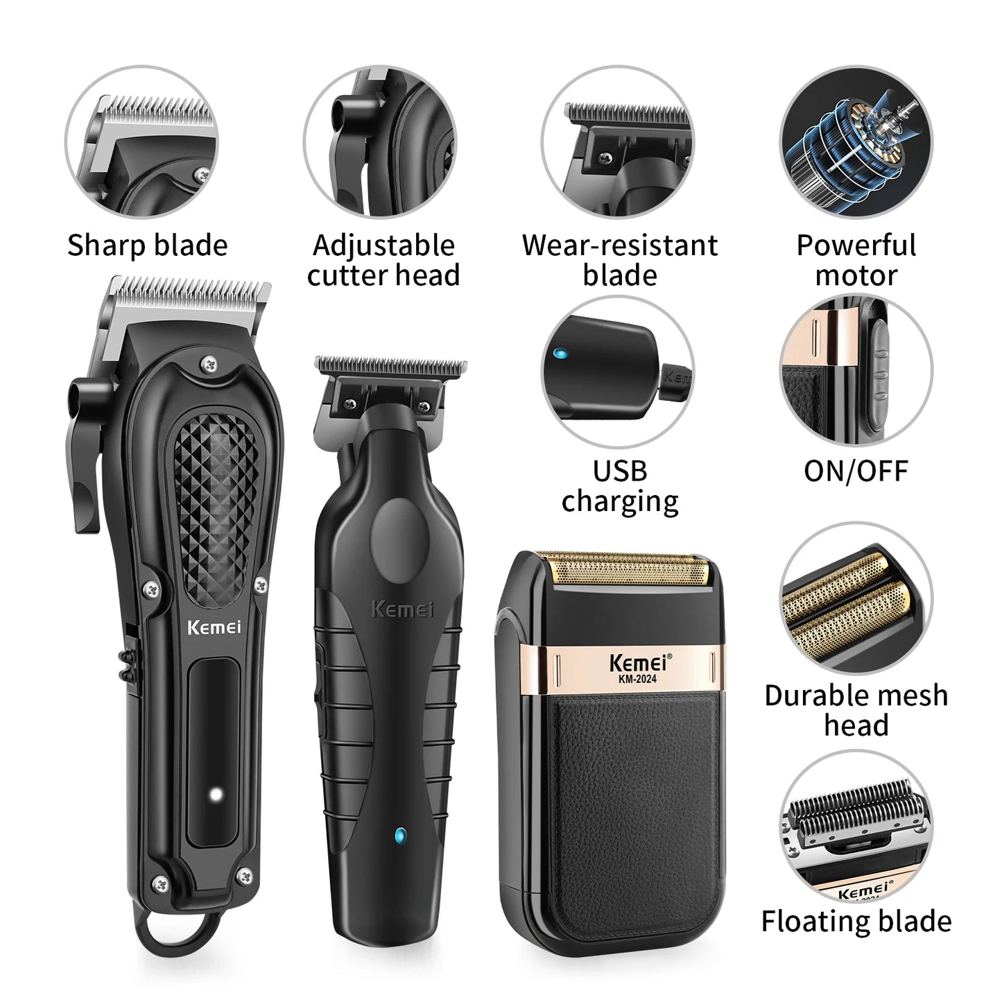Kemei 1071/2299 2024 Professional Hair Clipper – Cordless Trimmer & Foil Shaver