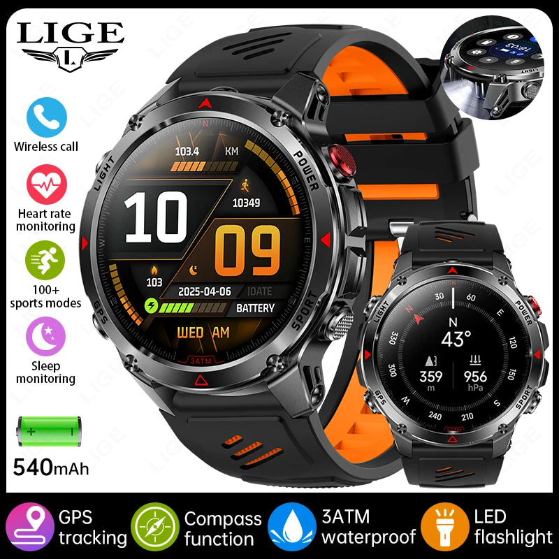 LIGE 2025 New Professional GPS Track Sports Smartwatch Outdoor RIDE Run Compass Altimeter 3ATM Fitness Bracelets 540mAh