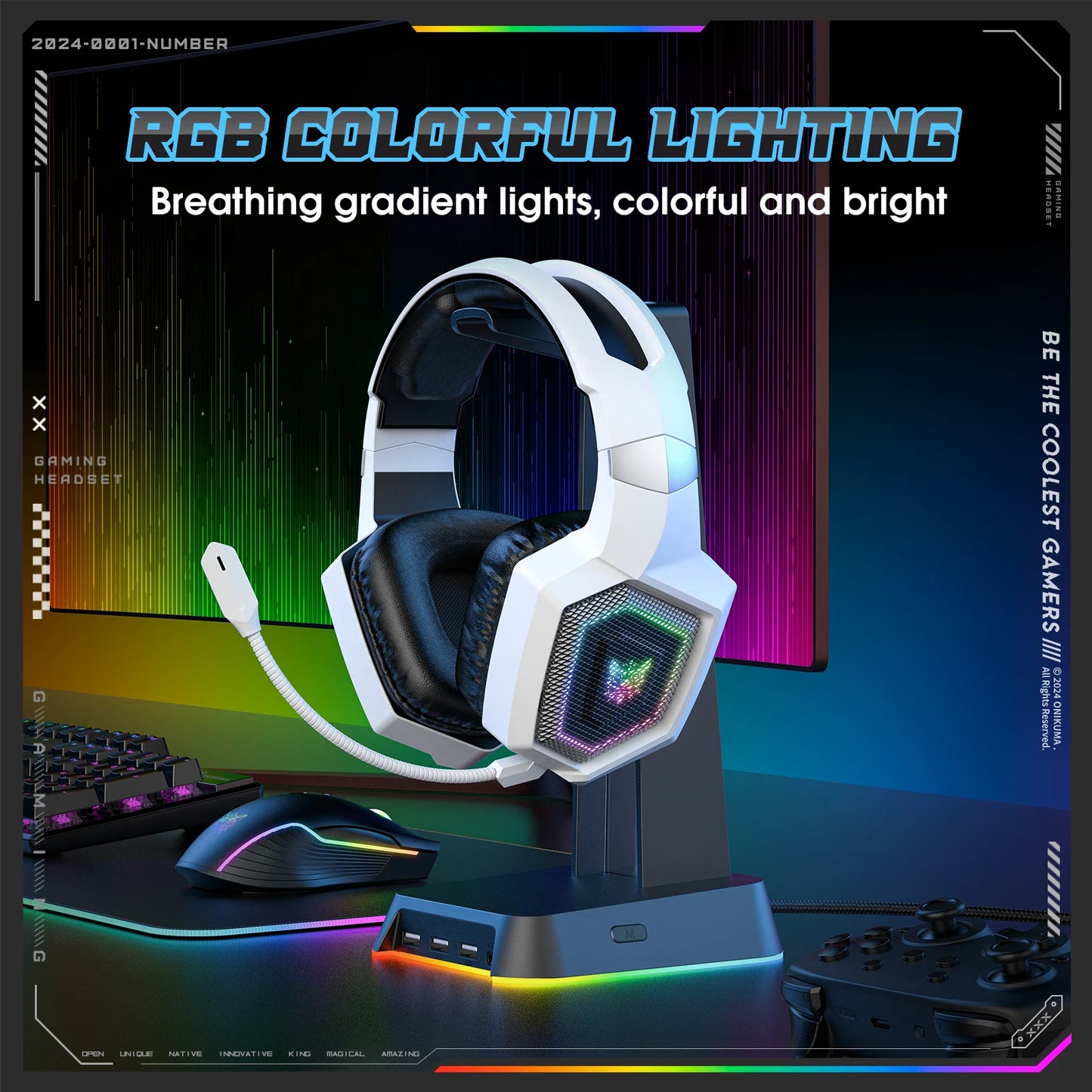 ONIKUMA 2.4GHz Wireless Gaming Headset for PS5 PS4 PC Mac with Noise Cancelling Microphone and RGB Light