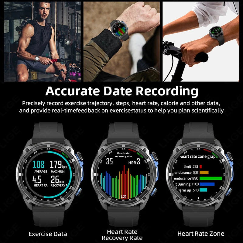 LIGE GPS Offline Map Smart Watch 860mAh Outdoor Sports Compass Altimeter 4GB Memory AMOLED Voice Call 3ATM Men Bracelets