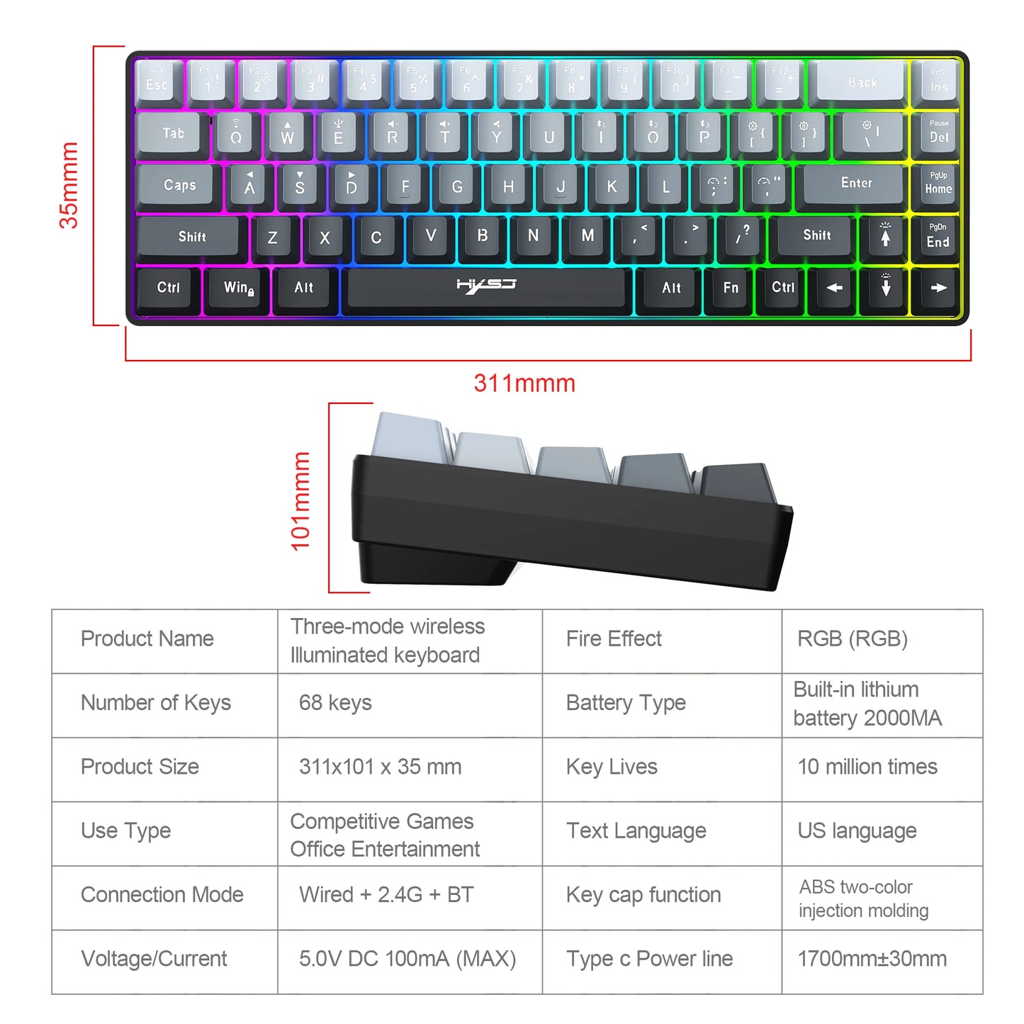 HXSJ-V200 Wireless Gaming Keyboard – 68-Key, 3-Mode (Wired/2.4G/BT), RGB Backlit, 60% Layout