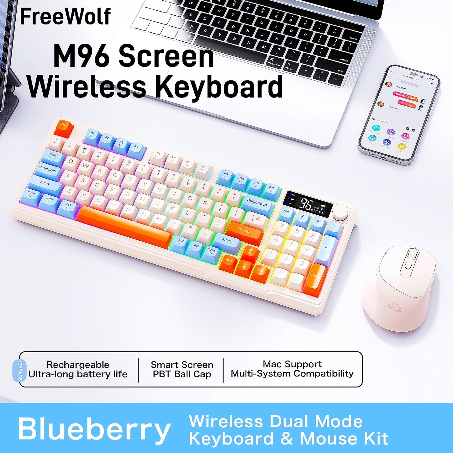 M96 Screen Wireless gaming equipment Kit ZIYOULANG Bluetooth Keyboard With Mouse Gaming,Electronic Screen, Multi-Device Connection