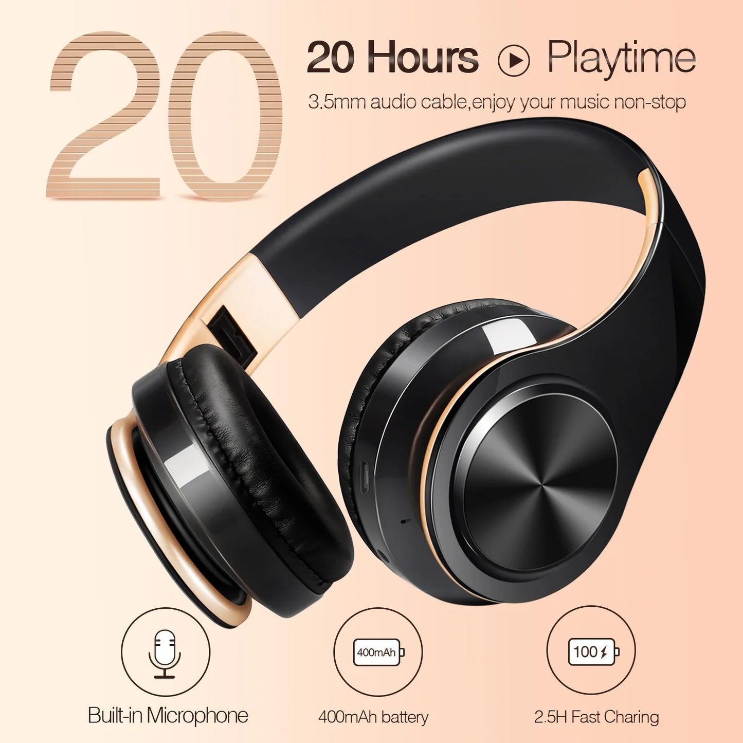 Men Gift Gold Wireless Headphones Bluetooth Stereo Game with Build-in MIC with Universal for Android and iOS