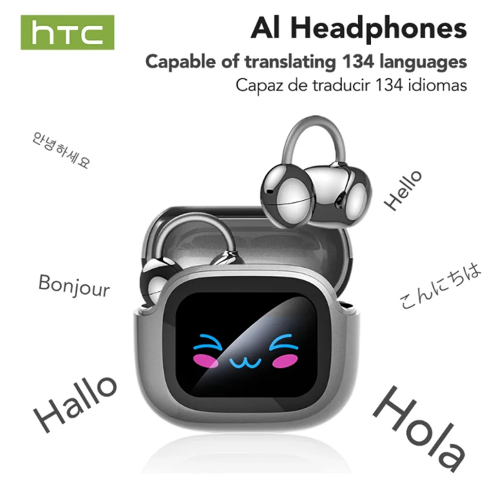 HTC NE32 Bluetooth V6.0 Ear Clip Earphones LCD Touch Screen AI Translator  Noise Reduction Wireless Sports