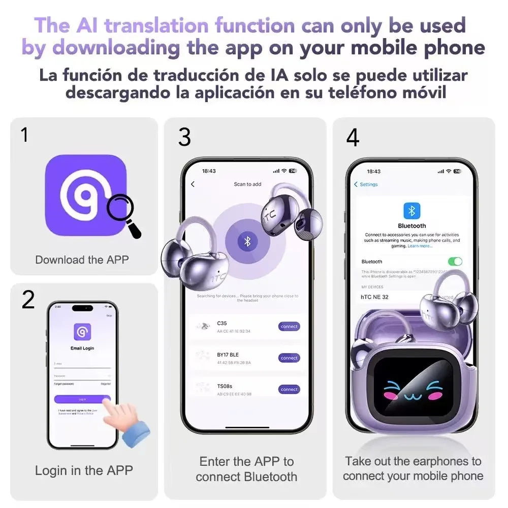 HTC NE32 Bluetooth V6.0 Ear Clip Earphones LCD Touch Screen AI Translator  Noise Reduction Wireless Sports