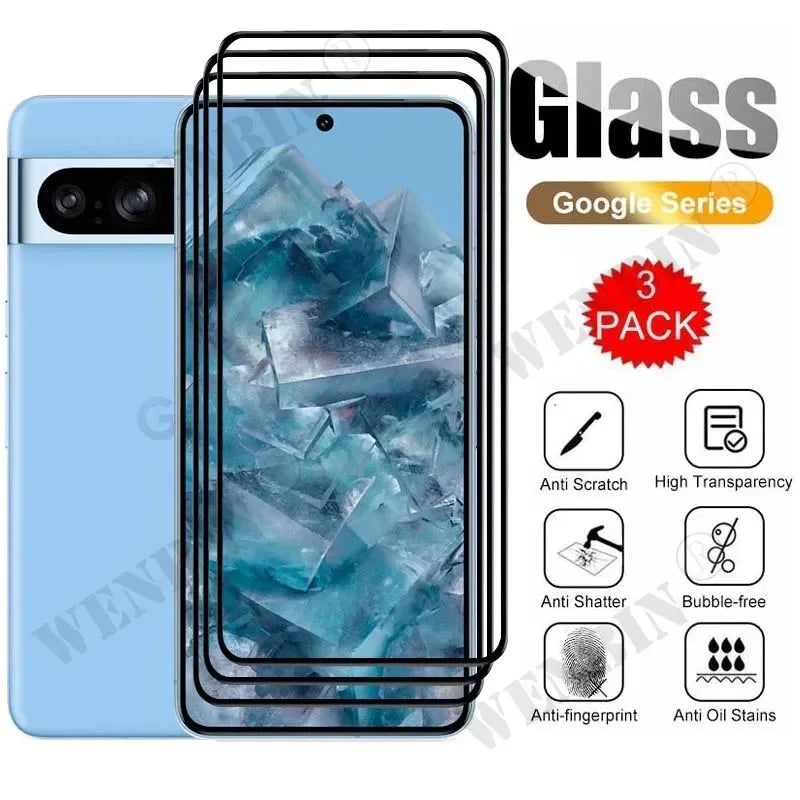 3 Pcs Tempered Glass For Google Pixel 10 9 8 7 6 Pro XL 7A 5A 3 XL Curved Full Cover Screen Protector