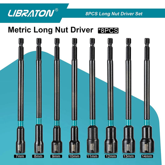 8PCS Magnetic Nut Driver Set,  6", Metric / SAE Nut Drivers, Shank Driver Bits, 1/4"Hex Shank, Long Bits