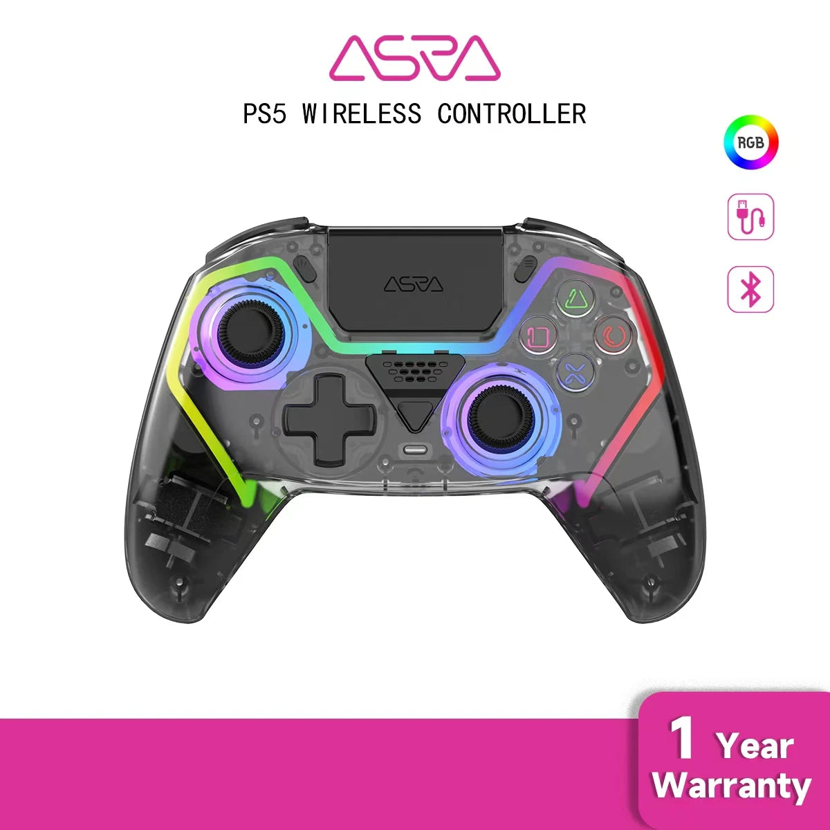 Transparent HG-04D Wireless Controller for PS5/PC/iOS/Android/Steam – BT 5.3, Macro, Touchpad, Hall Triggers