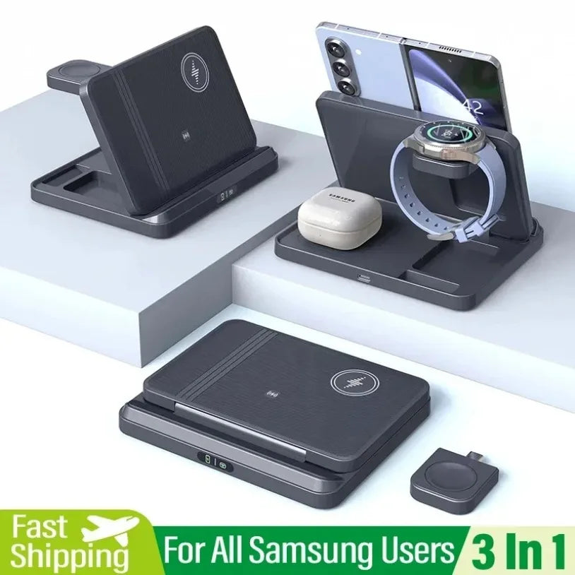 3 in 1 Foldable Fast Charging Dock Station Wireless Charger Stand For Samsung Z Fold Zflip5 S25 S24 Ultra Galaxy Watch 6 5 Buds2