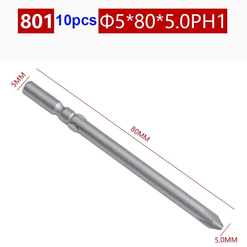10pcs/lot 801 5mm Round Shank Magnetic Phillips Cross Screwdriver Bits Electric  bits PH0 PH1 PH2 80mm Full Length