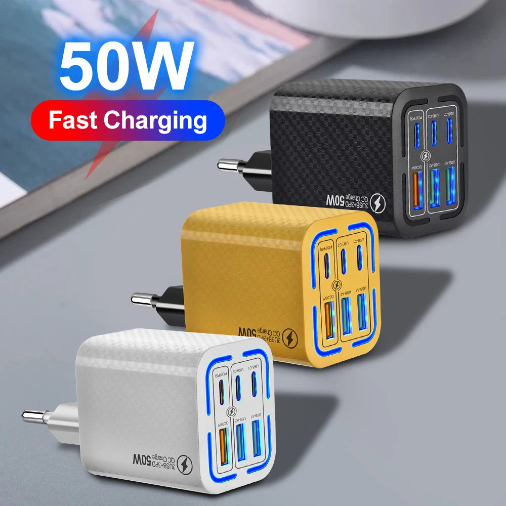 3PD+3USB 100W Wall Charger – QC 3.0 Fast Charging Adapter for iPhone, Samsung, Xiaomi & Huawei