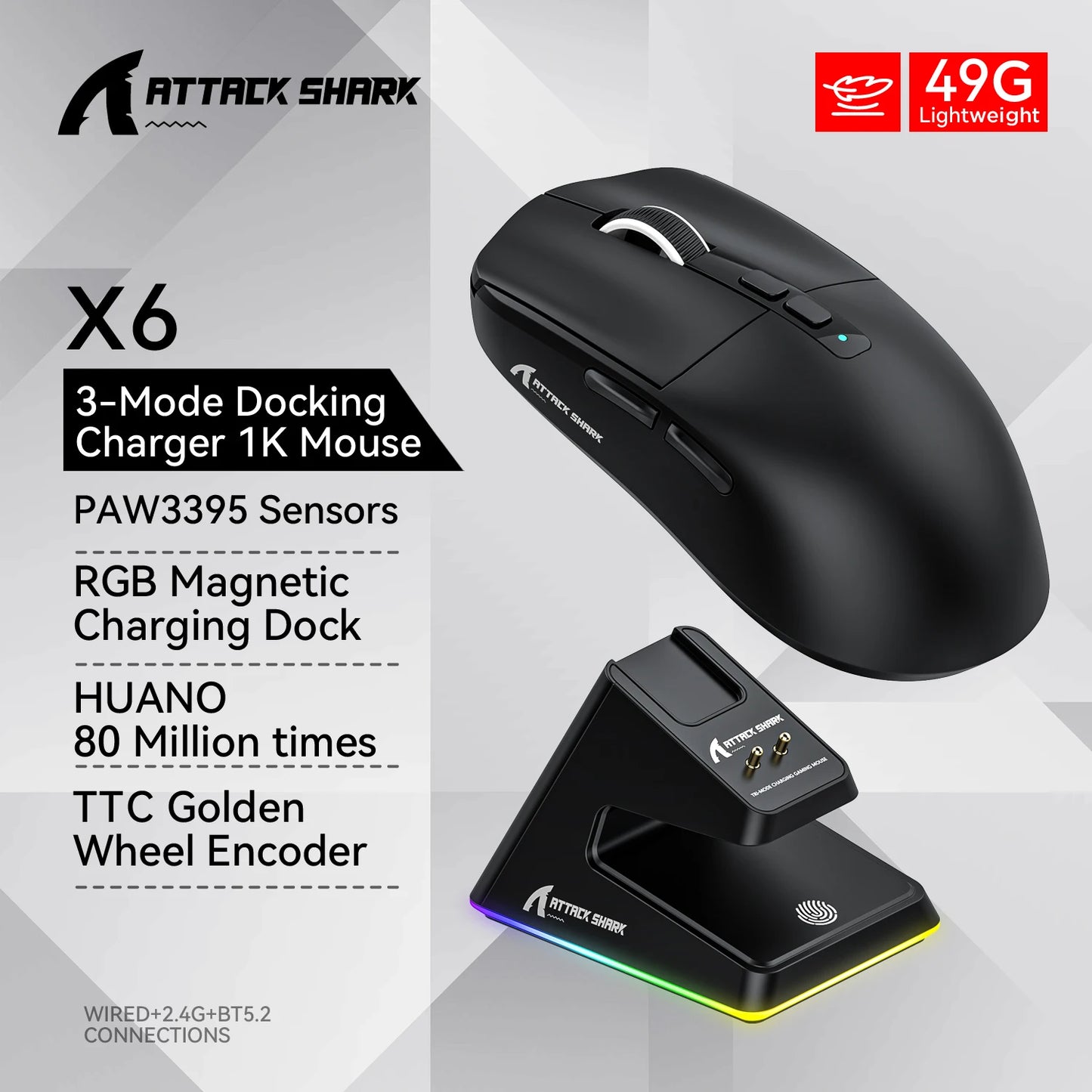 Attack Shark X11/X6/X2/X2Pro Gaming Mouse Magnetic RGB PAW3395 Bluetooth Three-Mode Connection Wireless Mouse, DPI Adjustable