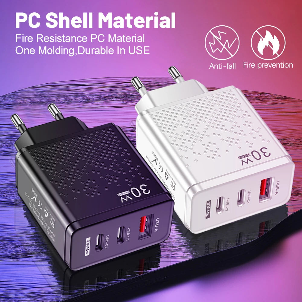 3 Ports PD 30W USB Type C Fast Charging Wall Power For iPhone16 Xiaomi Huawei Samsung  3.0 Phone