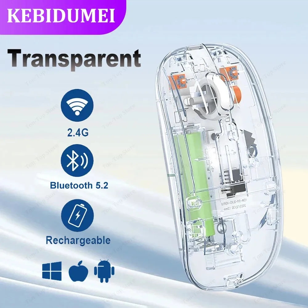 Tri-Mode Transparent Wireless Mouse – Dual Bluetooth & 2.4G, 2400DPI, Silent & Rechargeable