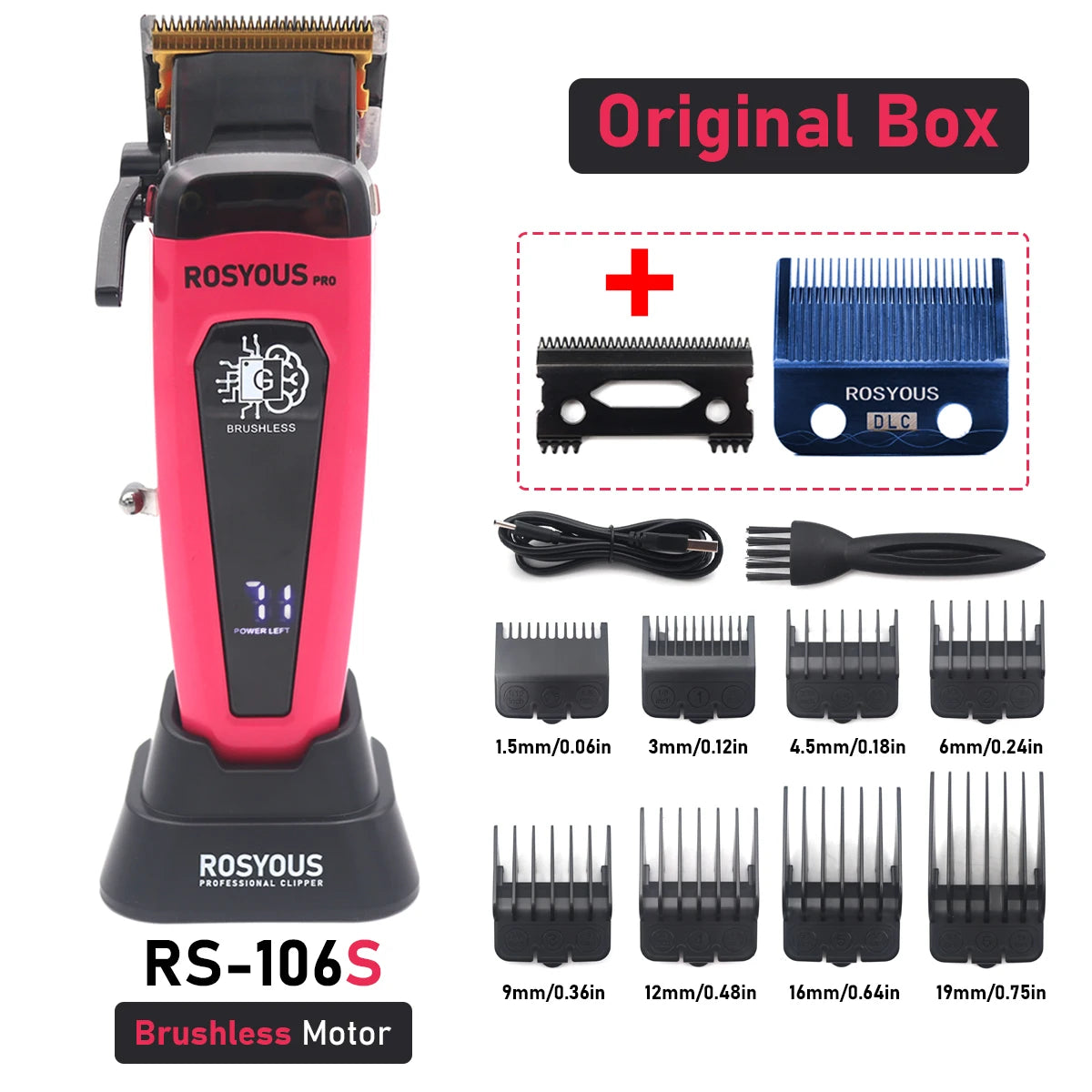 Professional Hair Clipper 106 – Brushless Motor, DLC Blade, LED Display, Base Charger