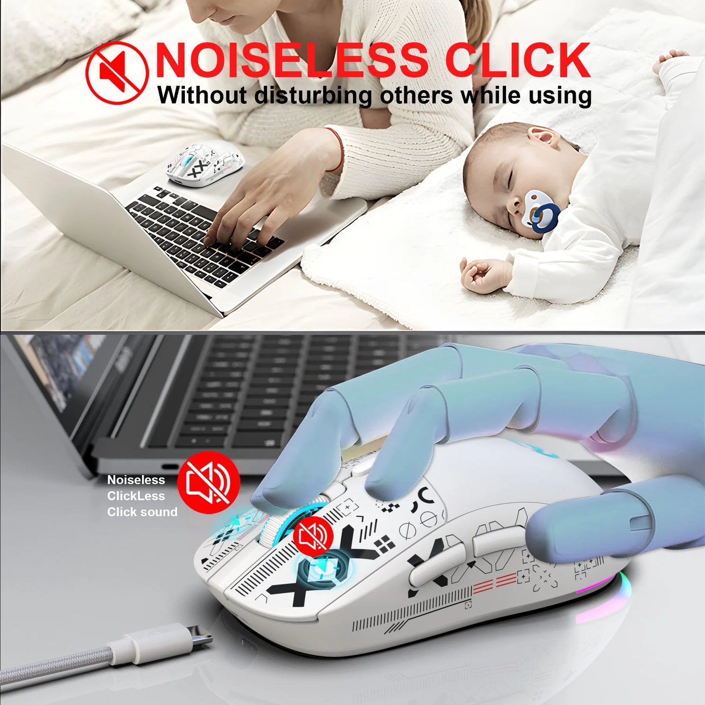 HXSJ T90 Wireless RGB Gaming Mouse – Silent Buttons, Ergonomic Design, Rechargeable