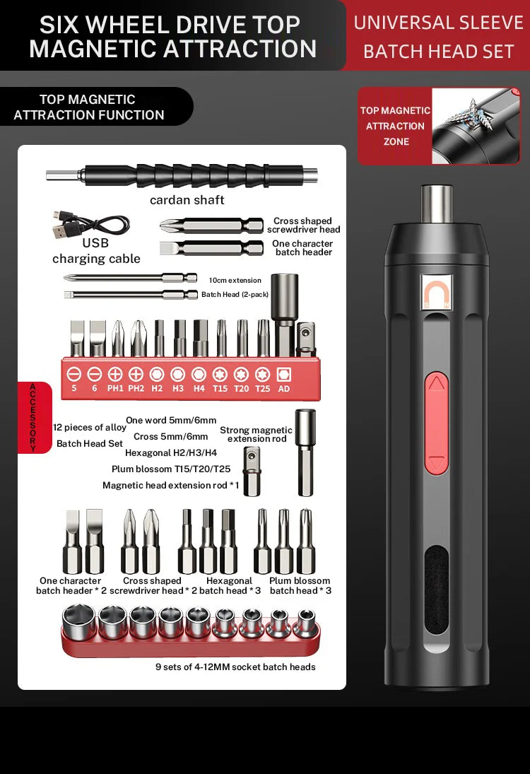 Cordless Rechargeable Electric Screwdriver Set with USB & LED