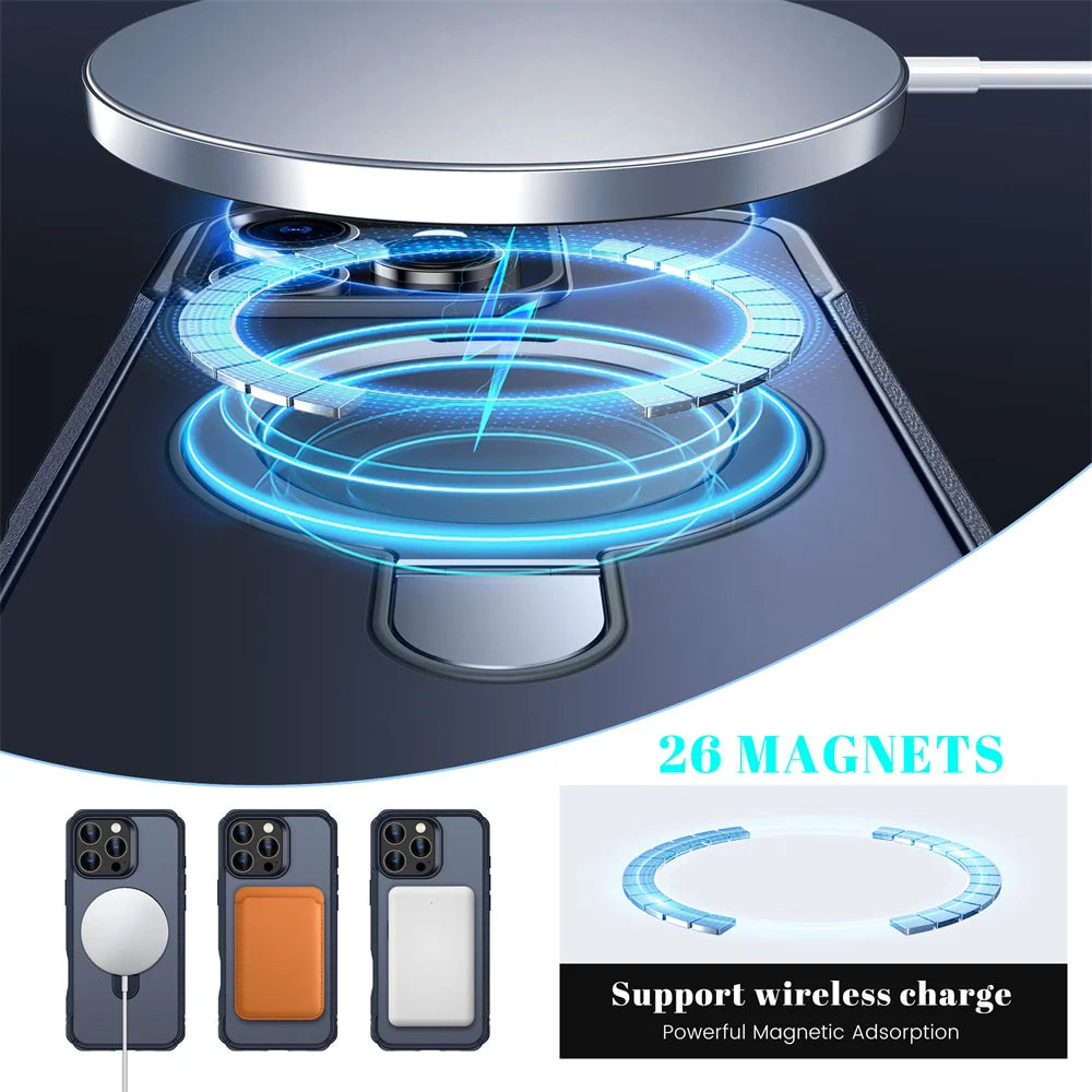 For Magsafe Wireless Charge Fold Magnetic Stand Phone Case For iPhone 15 16 17 Pro Max 16E 14 13 12 11 Anti-slip Bumper