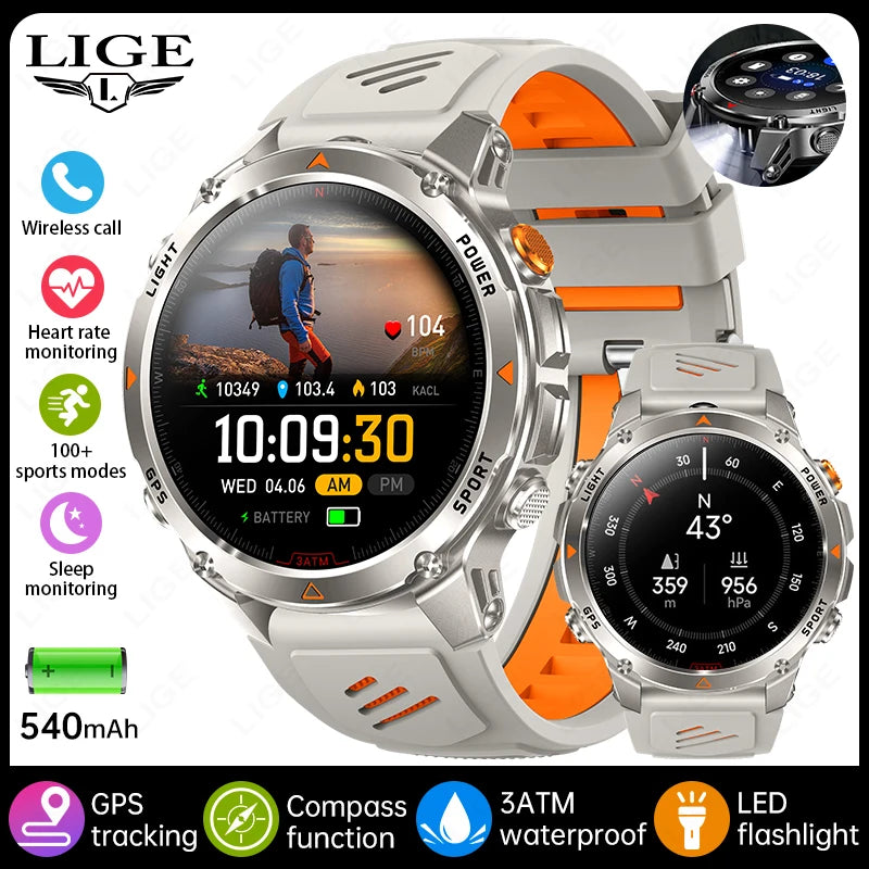 LIGE 2025 New Professional GPS Track Sports Smartwatch Outdoor RIDE Run Compass Altimeter 3ATM Fitness Bracelets 540mAh