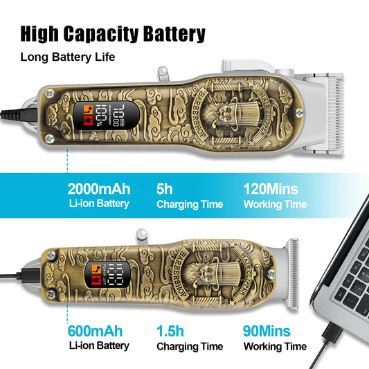Professional T-Blade Hair Clipper Set – Cordless, LED Display, Barber Kit for Men