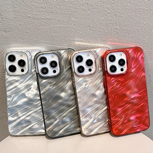Luxury Plating Silicone Shiny Water Ripple Case For iPhone 16 15 14 13 12 11 Pro Max Plus Aesthetic Camera Protection Cool Cover