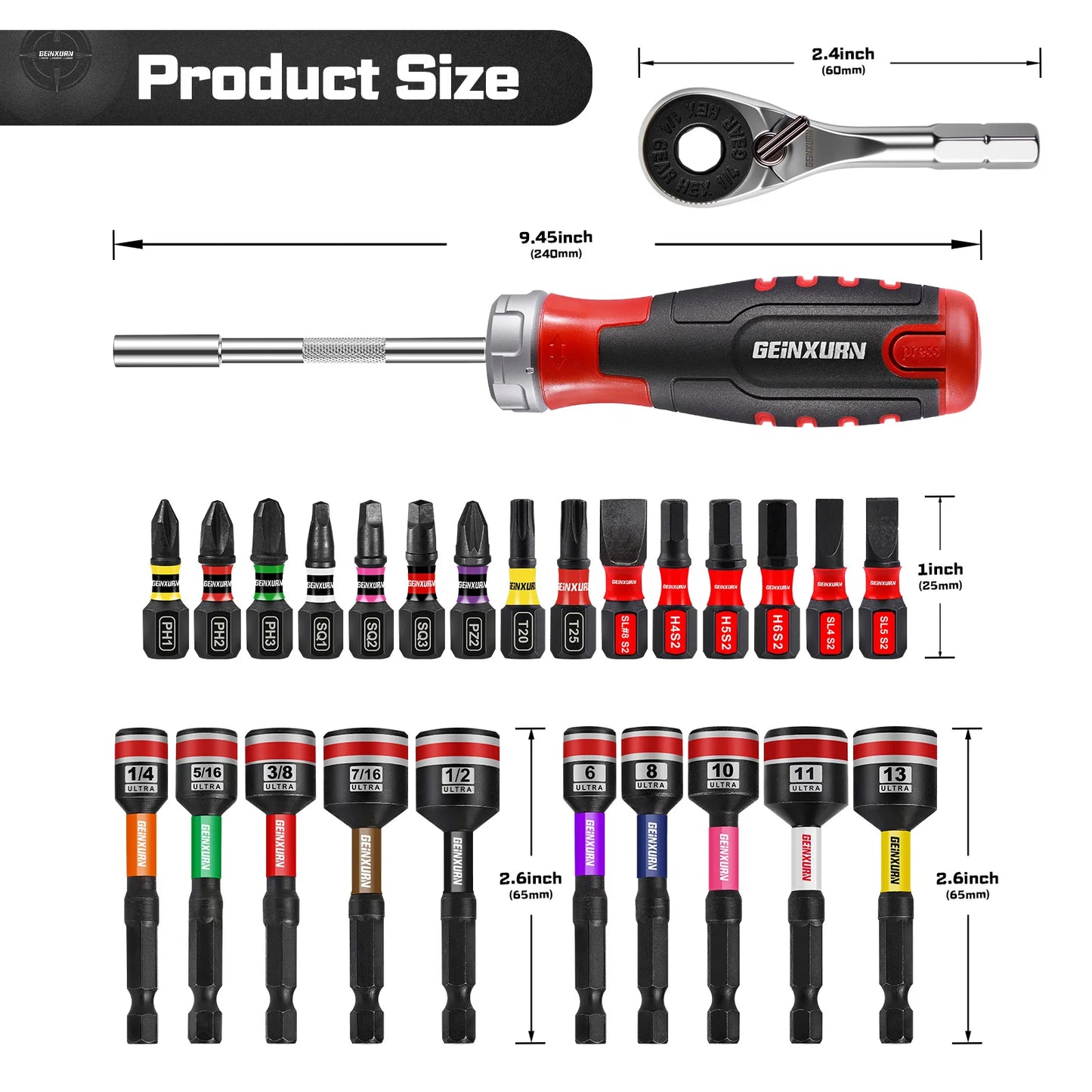 Geinxurn Ratcheting Screwdriver Set, Rachet wrench, Rachet bit Handle and Nut Driver with Mixed Impact S2  Bits