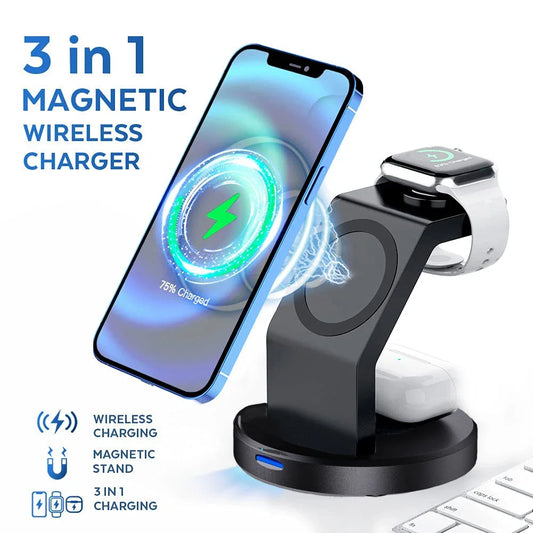 3 In 1 Magnetic Wireless Charger Stand For iPhone 15 14 13 12 Pro Max iWatch AirPods Station Dock MagSafe