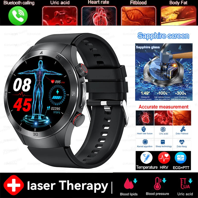 2025 New Non-Invasive Laser Treatment Three High Smart Watch Sapphire screen Blood fat Uric Acid ECG Health Diagnosis