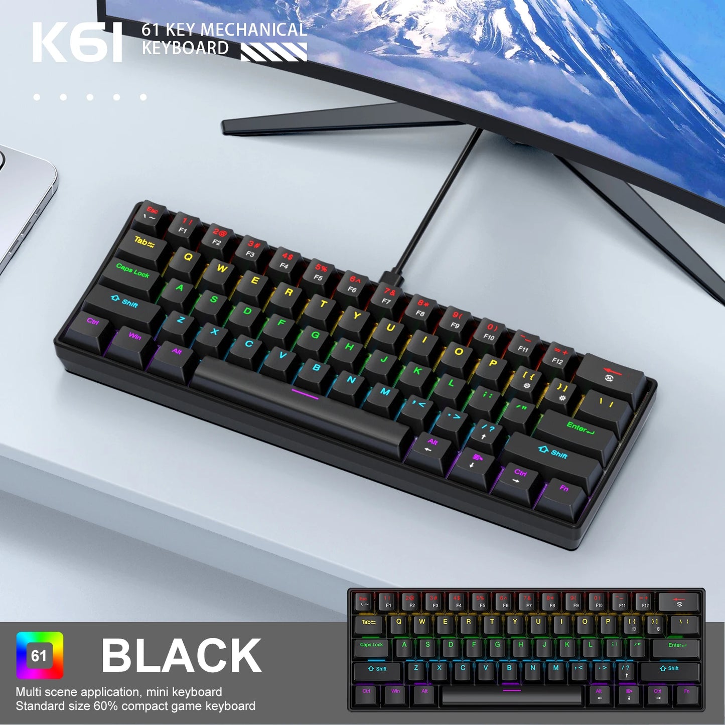 61 Key Mechanical Keyboard Wired, APAYADO K61 RGB 60% Portable Mini Keyboard