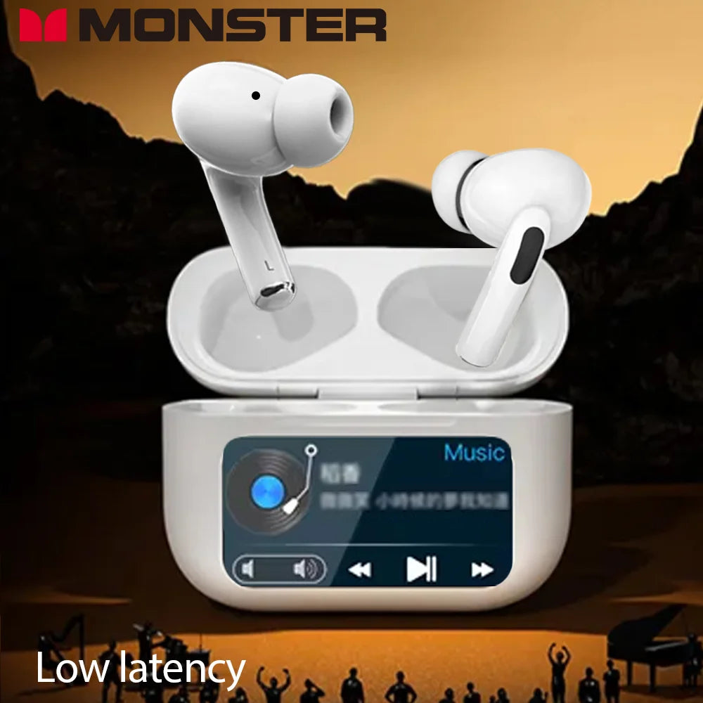 MONSTER Wireless Bluetooth 5.3 Earphones LCD Touch Screen Headphones ANC Noise Reduction Headset Built In HD Mic  Music Earbuds